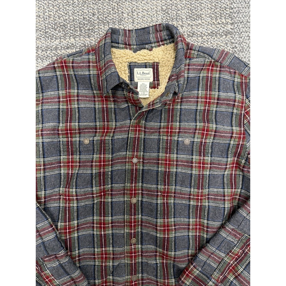 LL Bean Sherpa Lined Scotch Plaid Flannel Shirt Men's L. Red gray Grey stewart